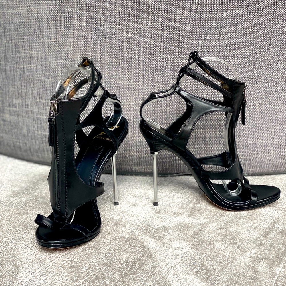 Brian Atwood vero cuoio black leather, chrome heels, size 7,5